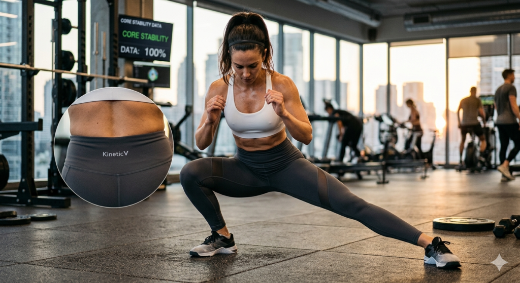 Close-up of high waisted leggings waistband during lateral lunge for core stability