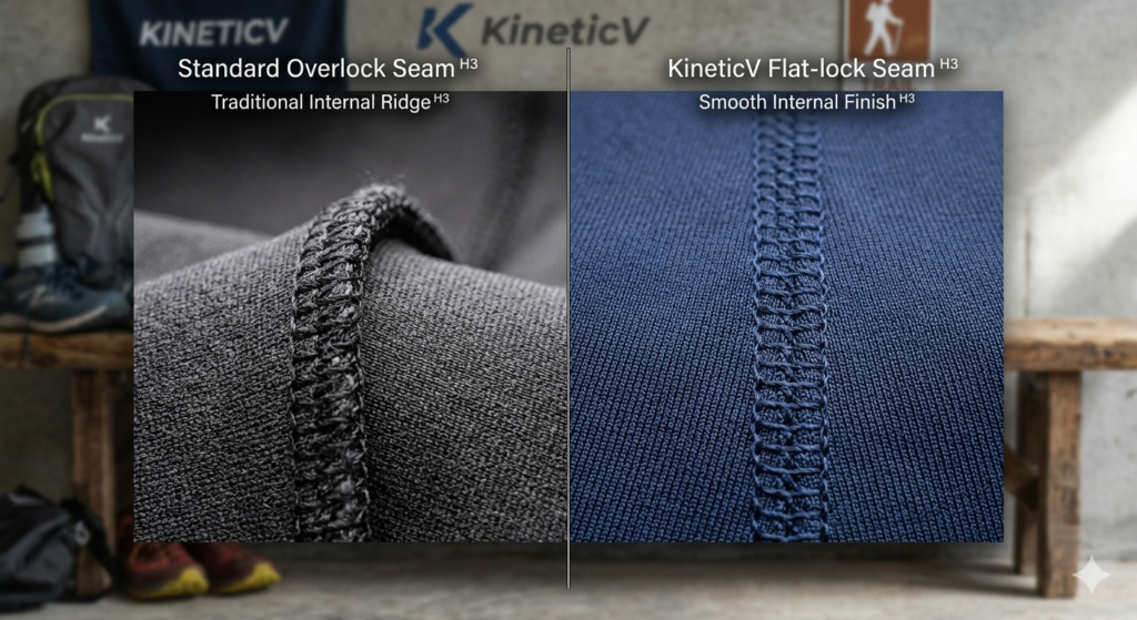 Close-up macro comparison of smooth flat-lock seams versus bulky overlock seams in performance sports clothing