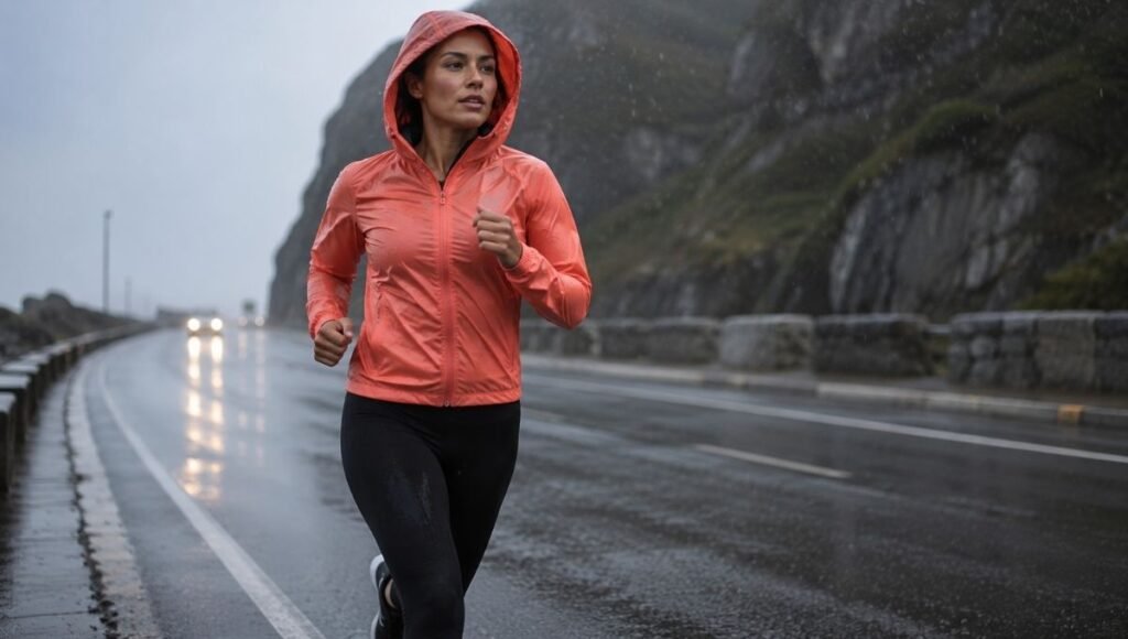 Woman running in the rain wearing a lightweight waterproof running jacket with hood up on a wet road