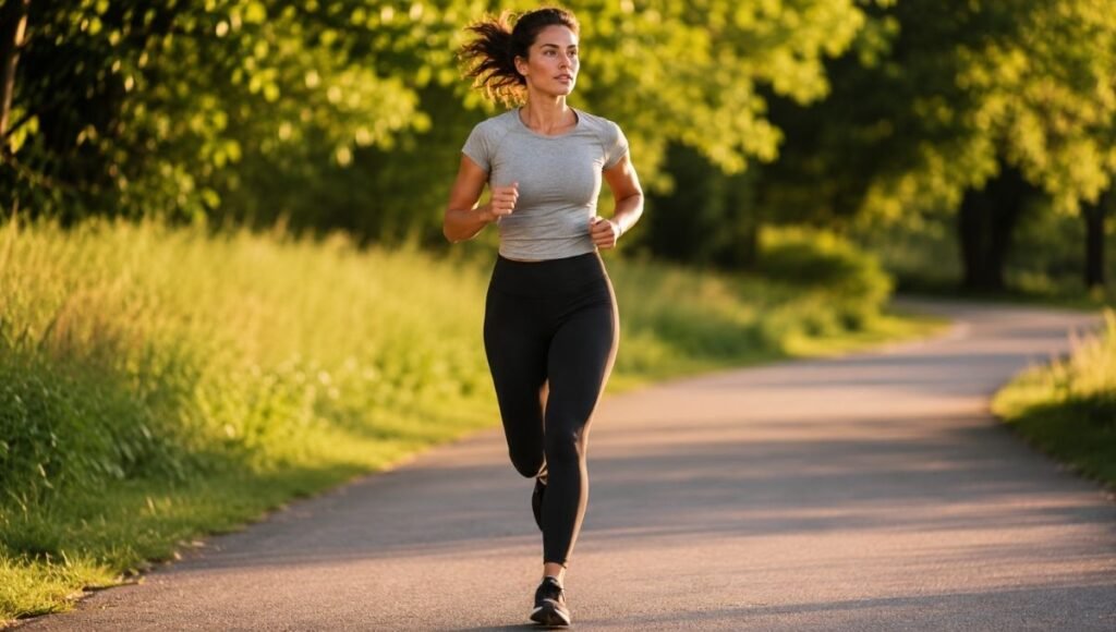 Woman running on a trail in black high-rise running leggings showing secure waistband fit