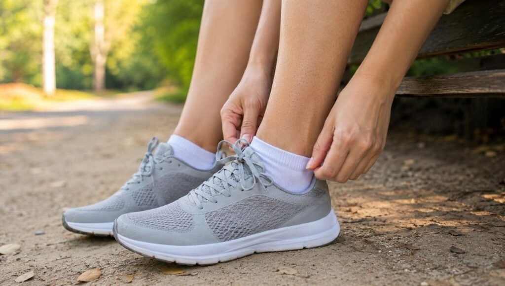 Woman lacing up running shoes wearing white performance running socks on a morning trail