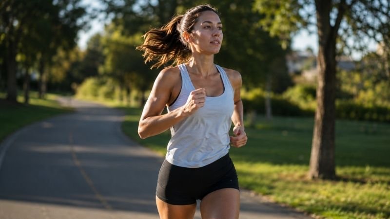 Woman running outdoors in black high-rise running shorts on a sunny morning trail
