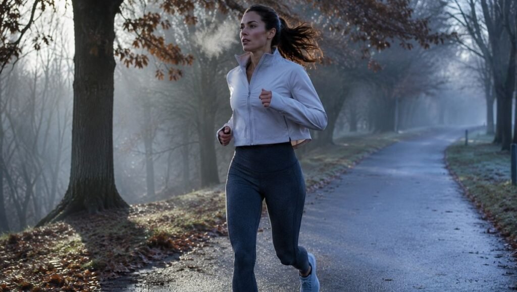 Woman running outdoors in cold weather wearing thermal running tights and light jacket on a misty morning path