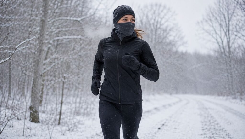 Woman fully geared for extreme cold running wearing balaclava mittens thermal tights and insulated jacket in heavy winter conditions