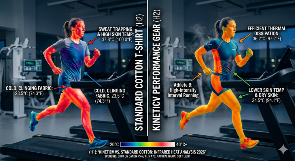 Thermal imaging comparison between standard cotton and performance sports clothing showing heat dissipation