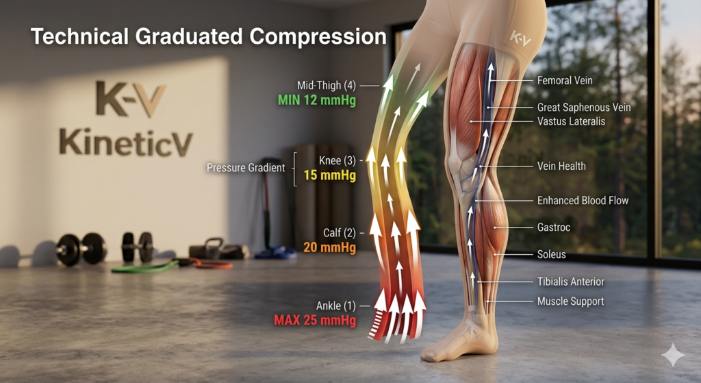 3D anatomical diagram showing graduated pressure levels from 25mmHg to 12mmHg in compression leggings for women