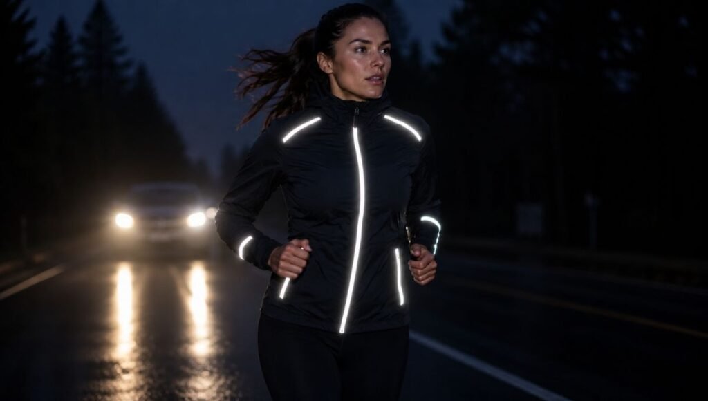Woman running at dawn wearing a reflective running jacket lit up by car headlights on a dark road