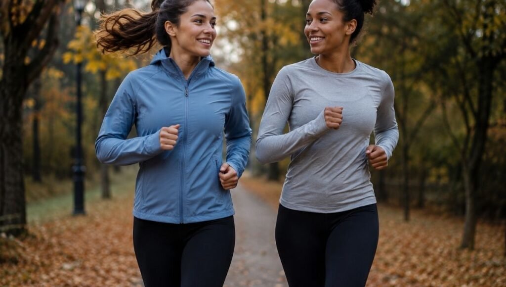 Two women side by side on a running path one in a running jacket and one in a long sleeve top showing different temperature outfit choices