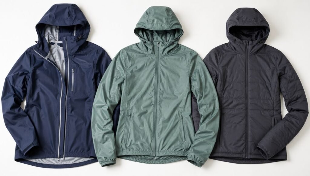 Flat lay of three running jackets showing waterproof windproof and water-resistant fabric differences
