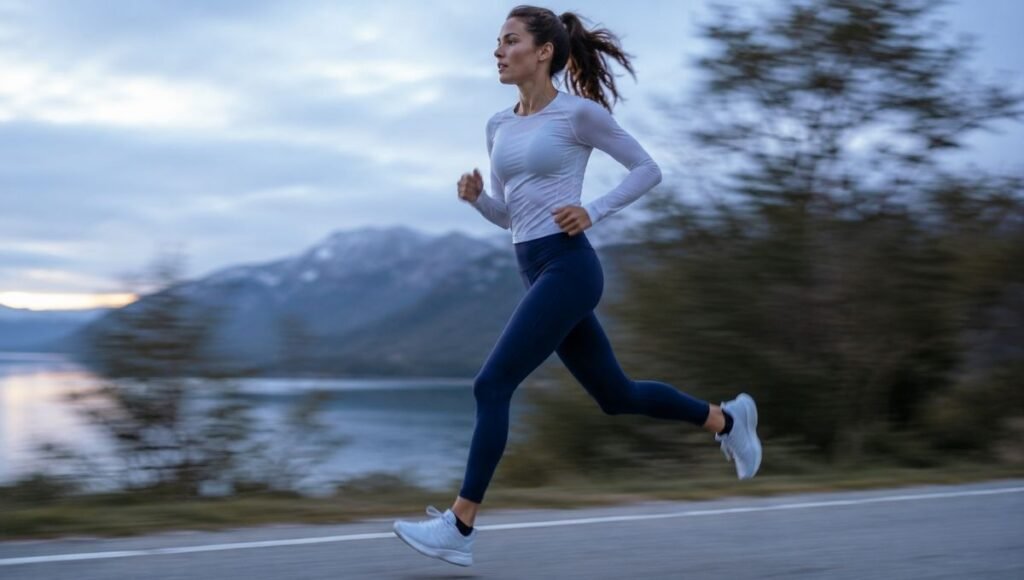 Woman on a long run wearing compression running tights showing smooth inner thigh seam construction