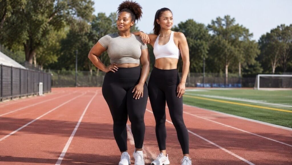Two women with different athletic body types wearing well-fitted running leggings on an outdoor track