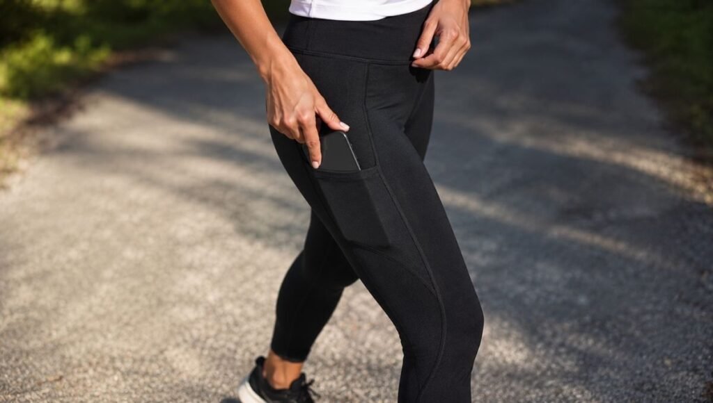 Close-up of a woman placing a smartphone into the thigh pocket of running leggings while standing outdoors