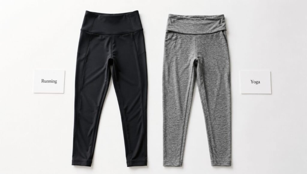 Side by side flat lay of running-specific leggings versus yoga leggings showing fabric and waistband differences