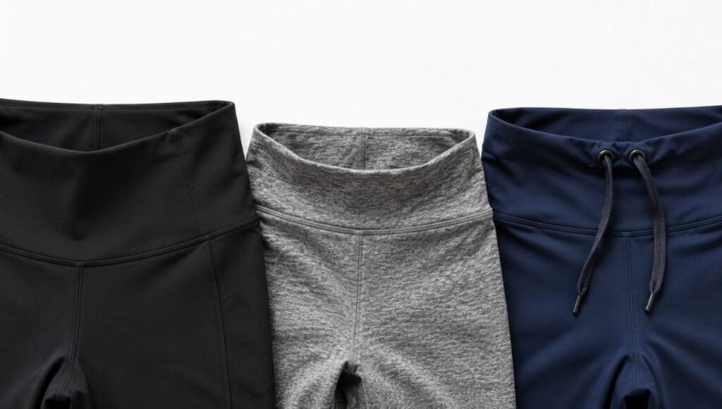 Close-up comparison of three running legging waistband styles including wide flat high-rise and drawstring options