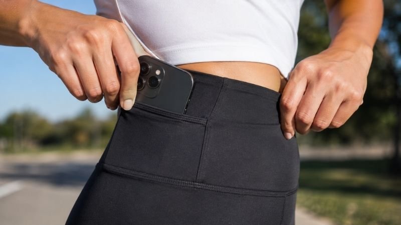 Close-up of a woman tucking a smartphone into the side pocket of her running shorts