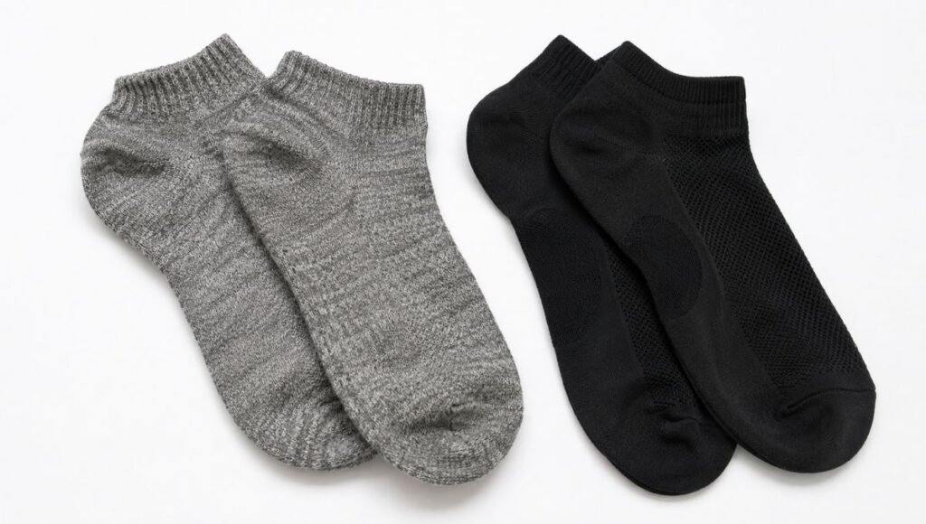 Flat lay comparison of merino wool and synthetic running socks showing fabric texture differences