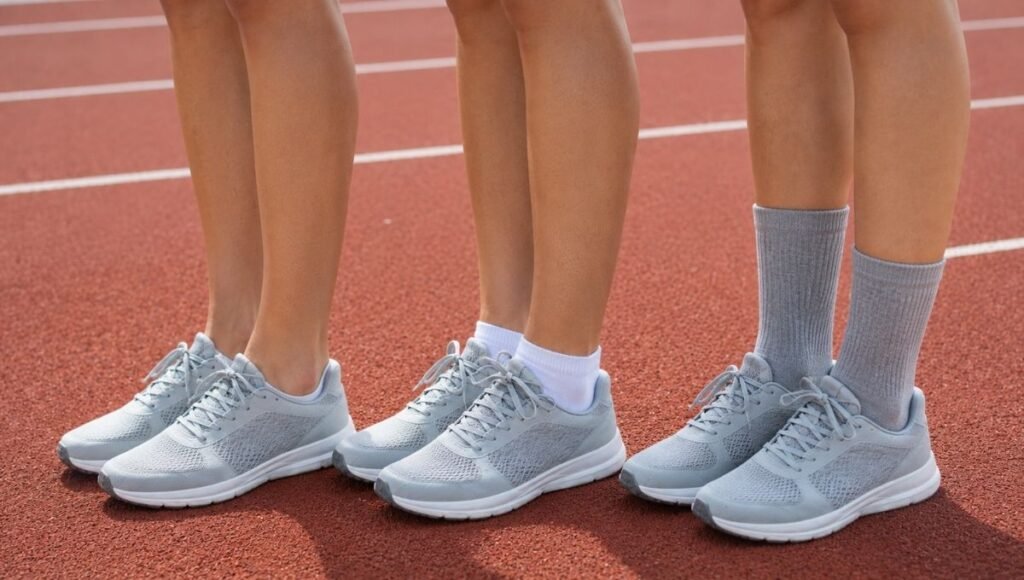 Side-by-side comparison of running sock heights from no-show to ankle to crew length on female legs