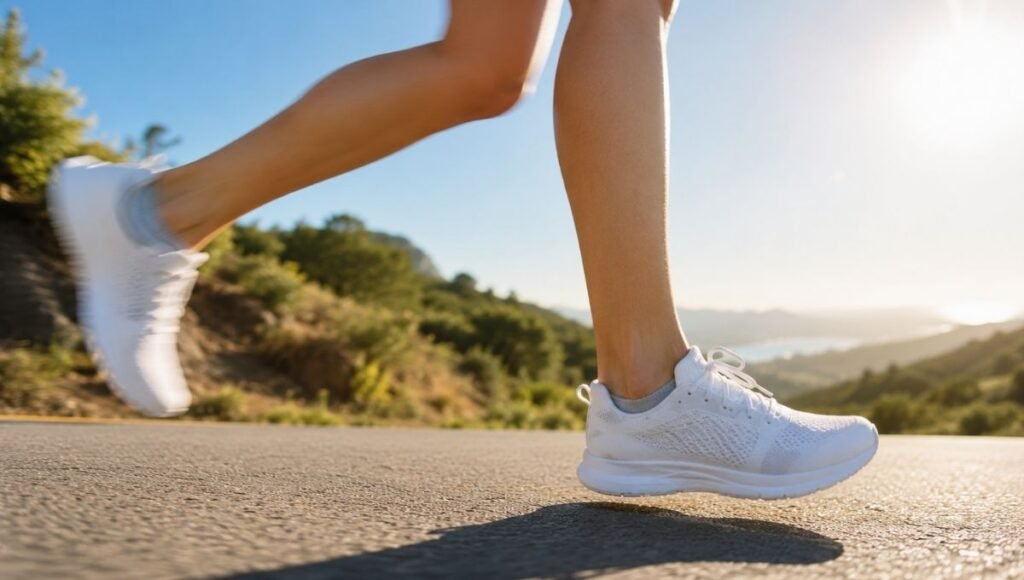 Woman running on a sunny road in summer wearing lightweight no-show running socks and trail shoes
