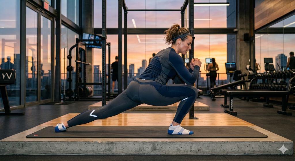 Athlete exercising in KineticV performance sports clothing showing flexibility, wrap, and muscle definition in a gym