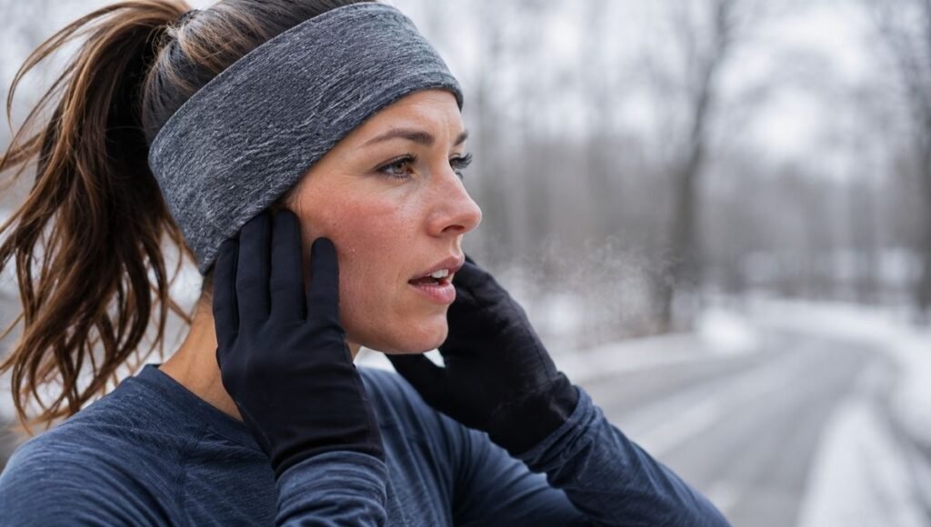 Close-up of a woman's gloved hands and ear band headband worn during a cold winter run showing extremity protection
