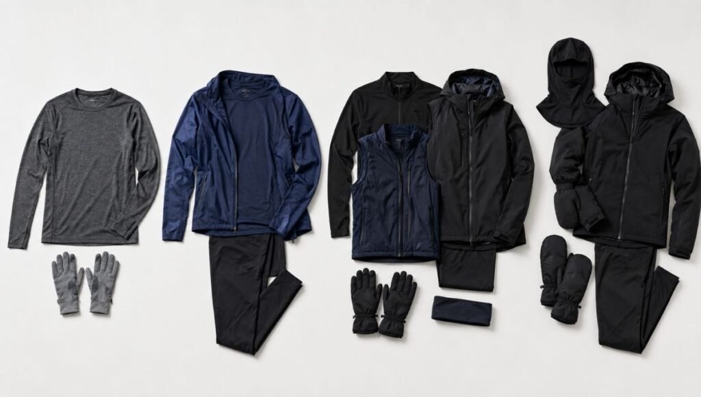 Flat lay of winter running outfit components arranged by temperature zones showing layering progression