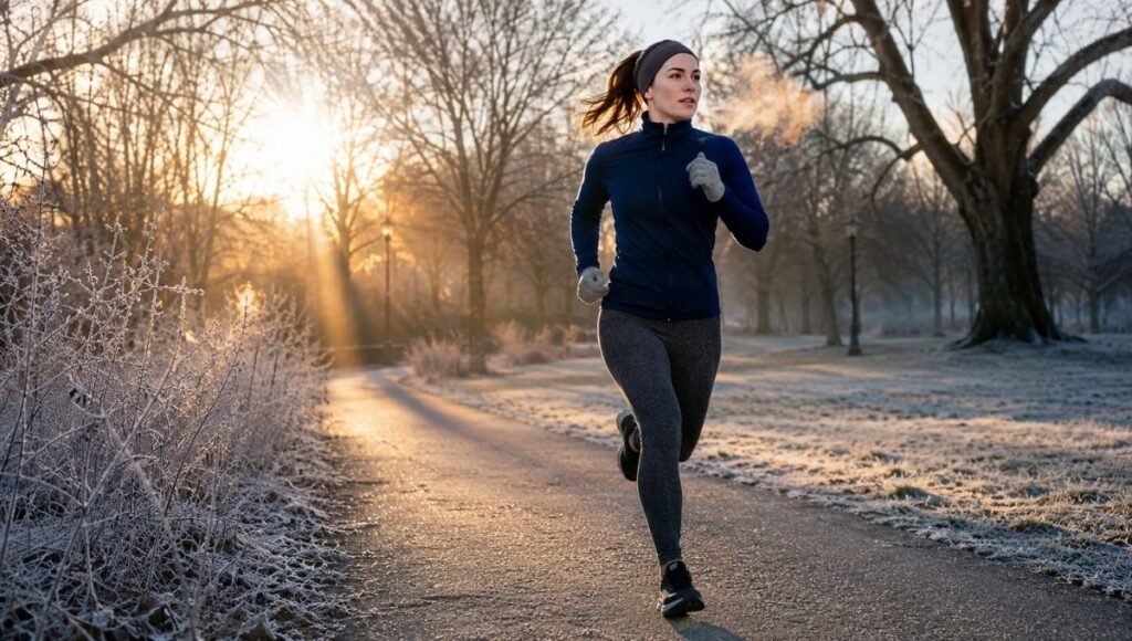 Woman running outdoors in winter wearing layered running outfit with thermal tights and jacket on a cold frosty morning