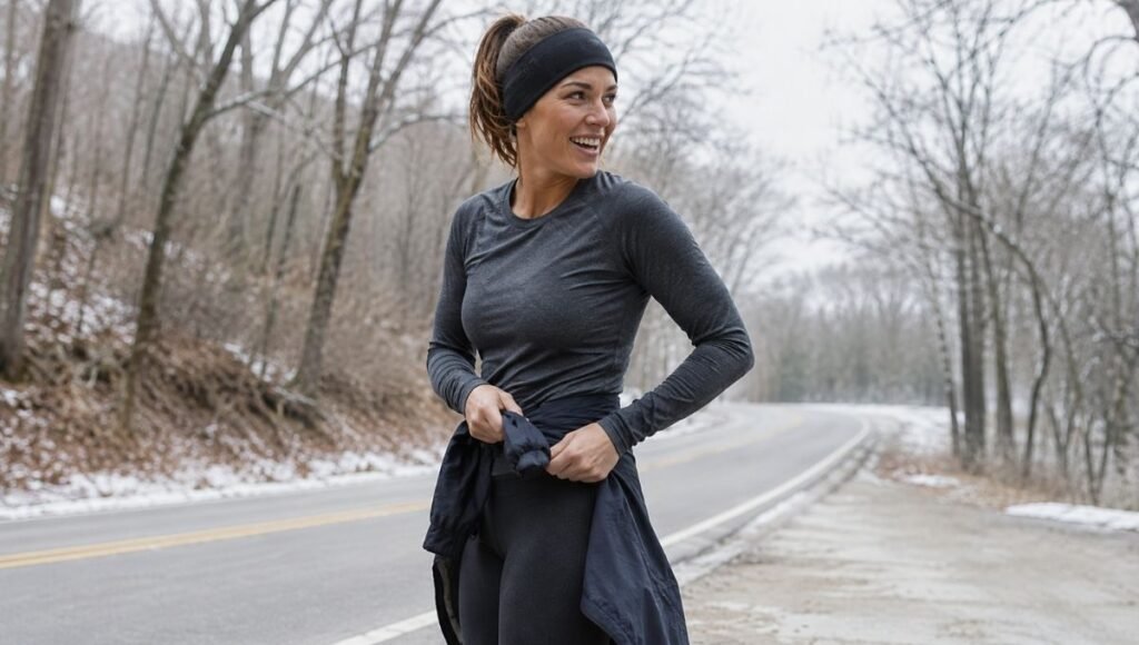 Woman pausing mid-run on a winter road to tie her running jacket around her waist after getting too warm