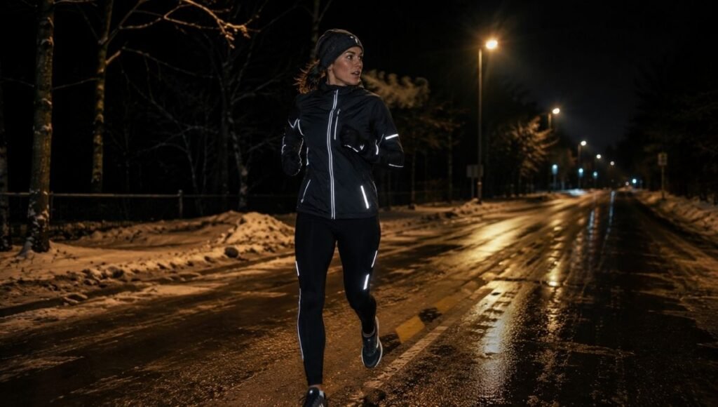 Woman running in dark winter morning wearing reflective running gear visible under street lights on an icy road