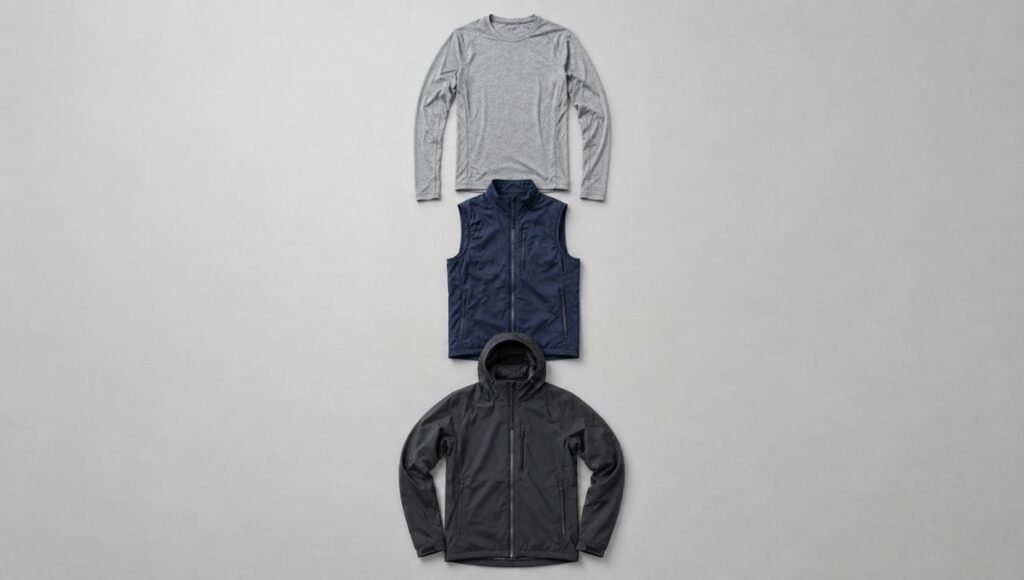Flat lay showing three distinct running layers base layer mid layer and outer shell for winter running