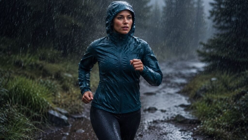 Woman running through heavy rain in a fully waterproof running jacket staying dry on a trail