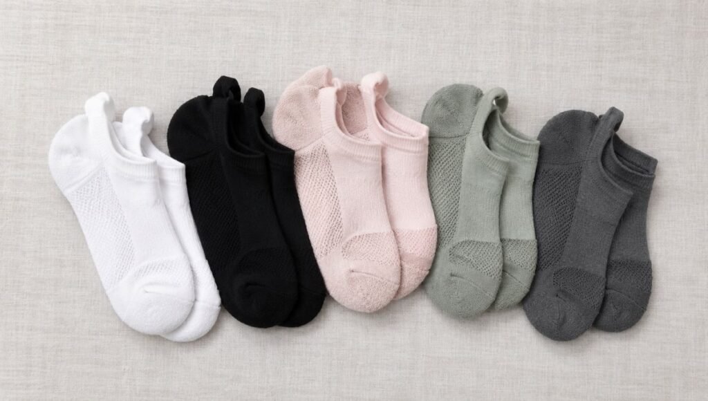 Flat lay collection of women's running socks in multiple colors and styles on light gray background