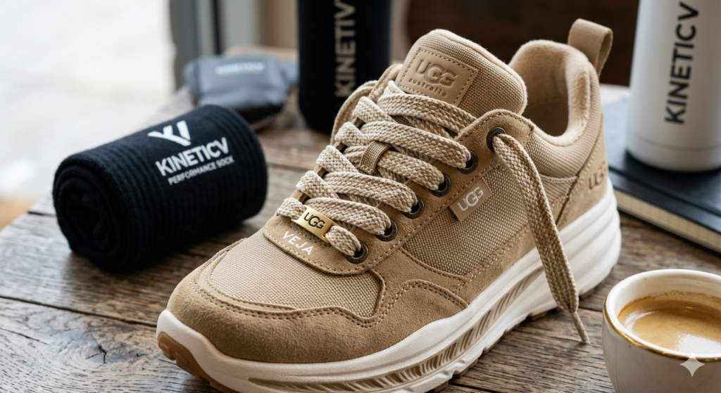 Detailed close-up of UGG Lowmel sneakers featuring oversized laces and recycled ballistic canvas.