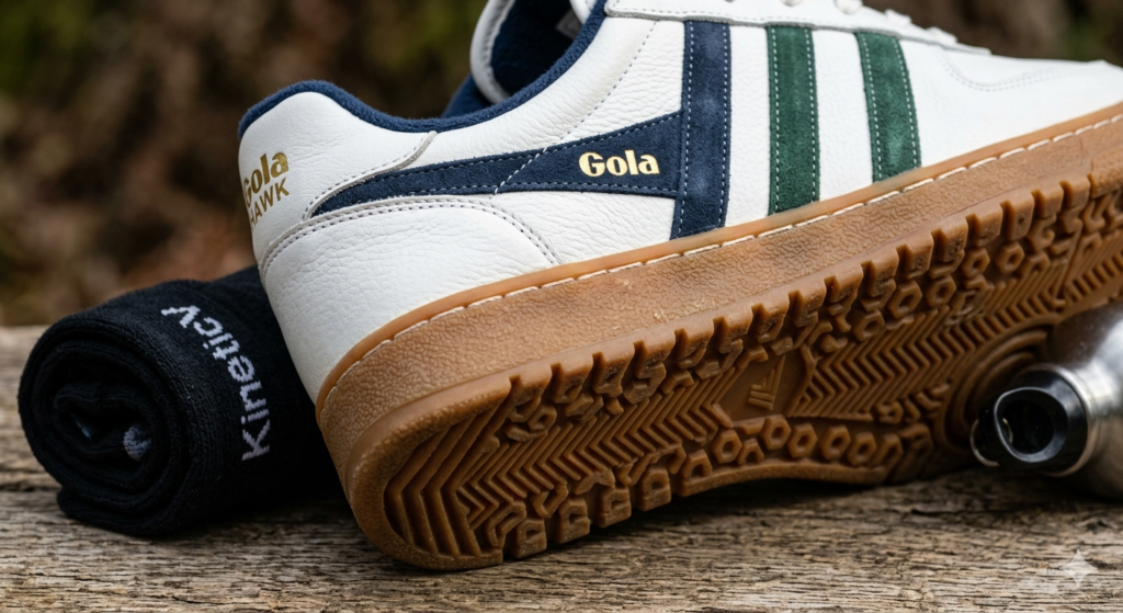 Detailed view of Gola Hawk sneakers leather finish and grip.