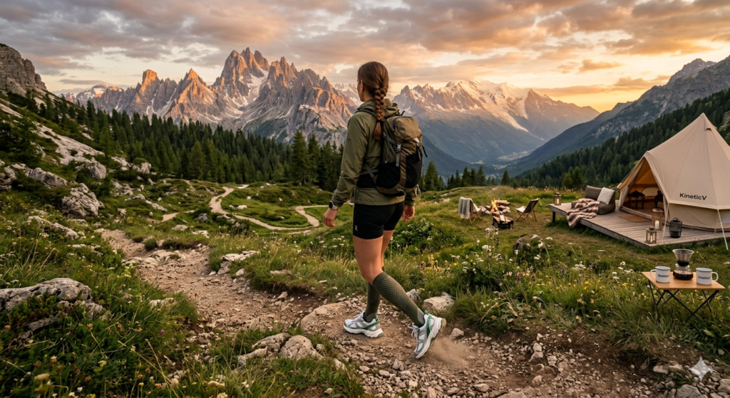 Bottega sneakers Orbit model in a luxury outdoor hiking setting.