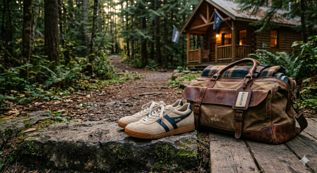 Classic Gola sneakers on a forest trail for a weekend outdoor trip.