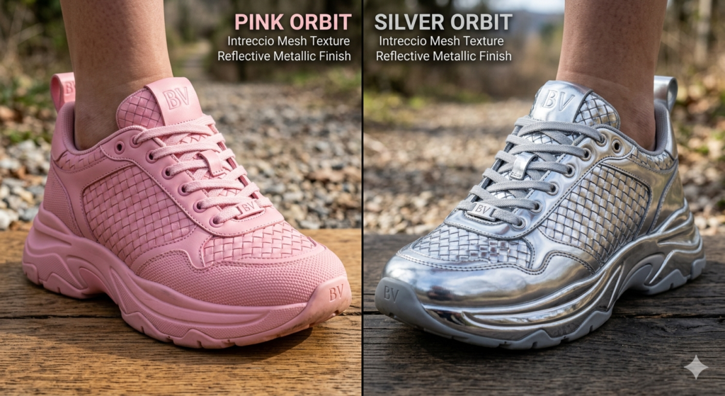 Comparison of pink bottega sneakers and silver bottega sneakers technical finishes.