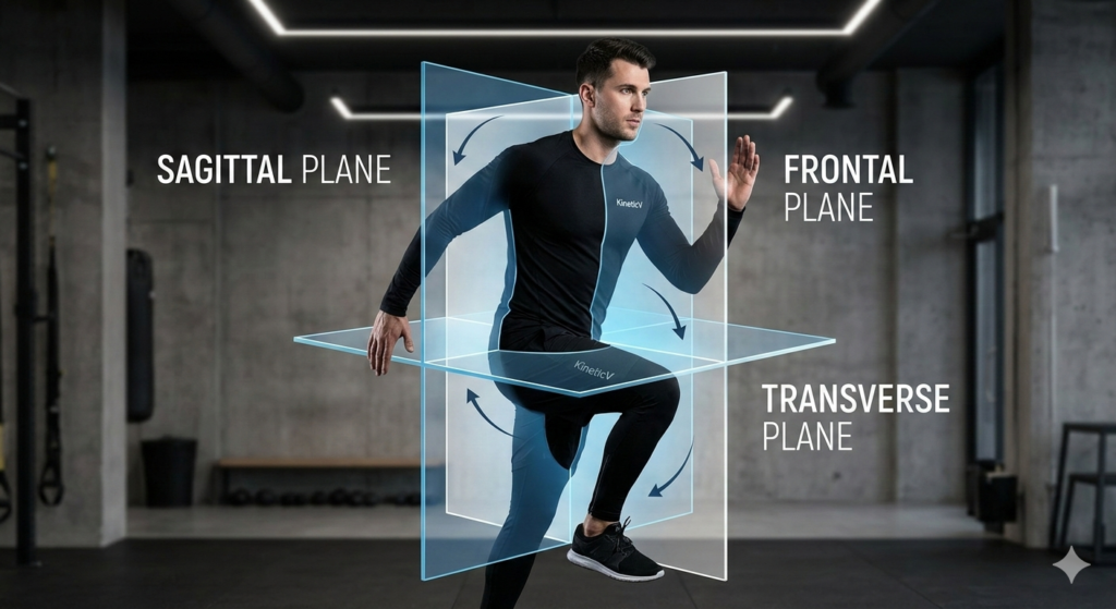 Diagram illustrating the three anatomical planes of motion: sagittal, frontal, and transverse, explained in the KineticV functional training guide for athletic performance.