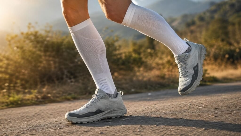 Close-up of a runner's lower legs wearing white knee-high compression socks mid-stride on a road