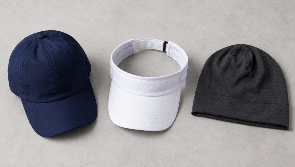 Three running hats side by side showing a running cap, visor, and beanie for different weather conditions