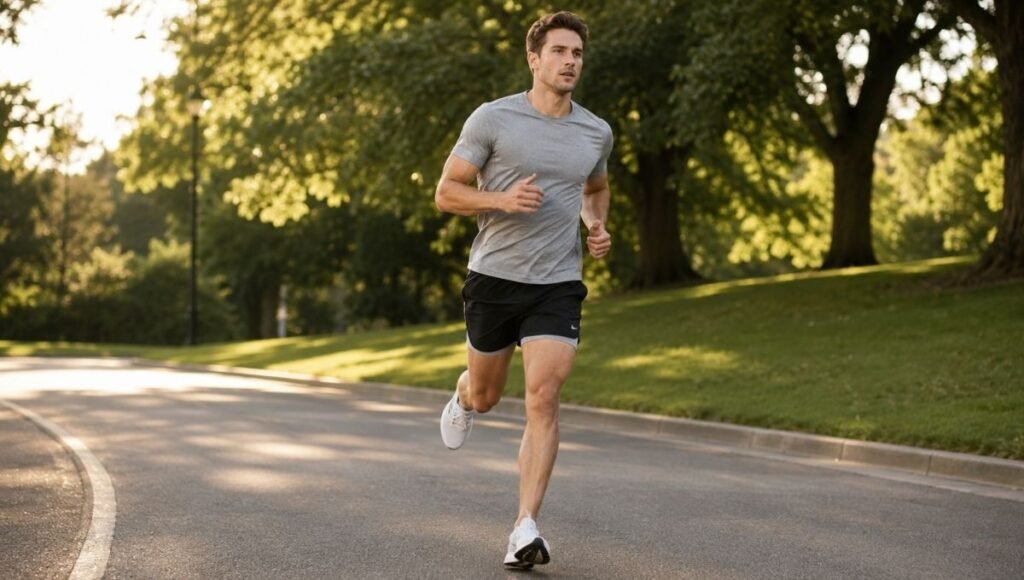 Man running on a road in black 5-inch running shorts showing athletic fit and freedom of movement