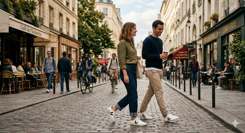 Classic white veja sneakers for men and women minimalist design in an urban setting.