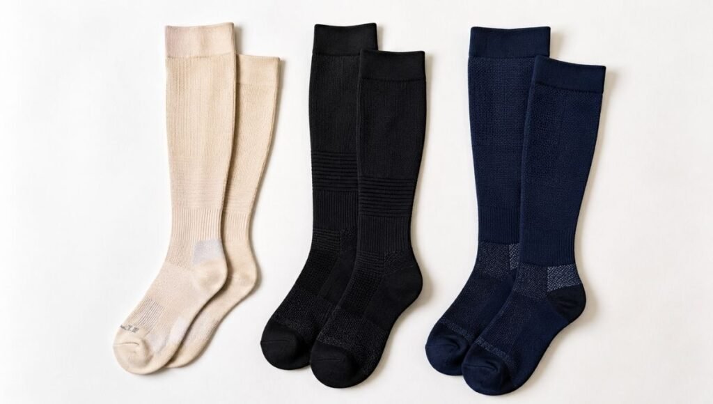 Flat lay of three pairs of compression socks showing different compression levels from light to medical grade