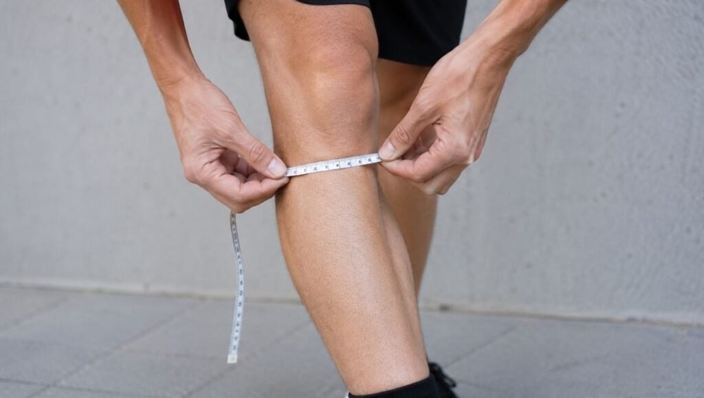 Person measuring calf circumference with a soft tape measure to find correct compression sock size