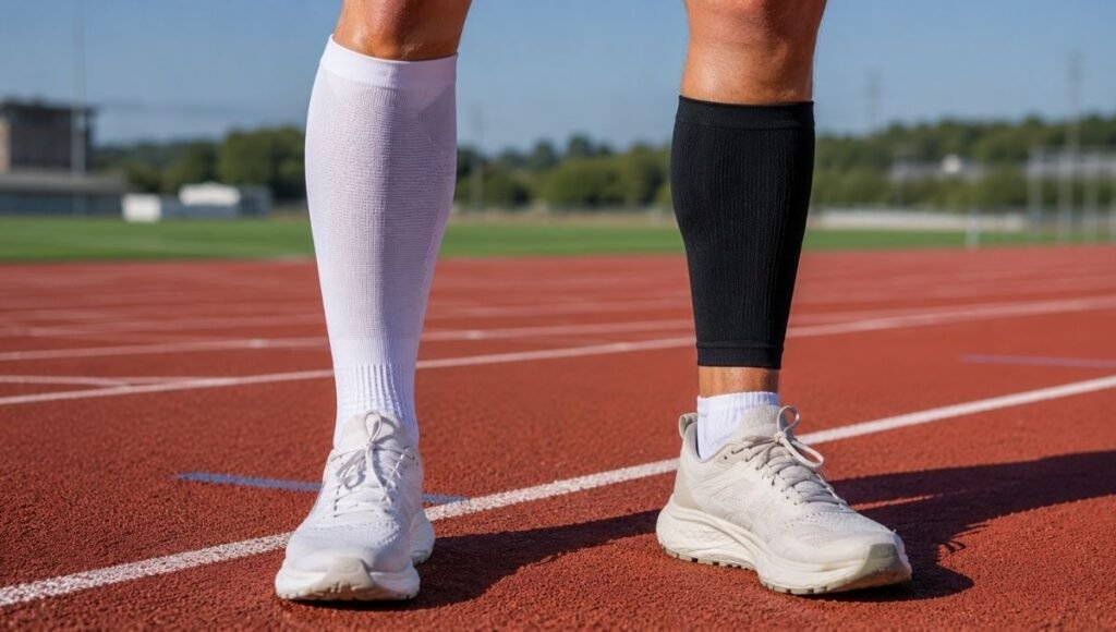 Side by side comparison of a runner wearing full compression socks on one leg and calf sleeves over running socks on the other