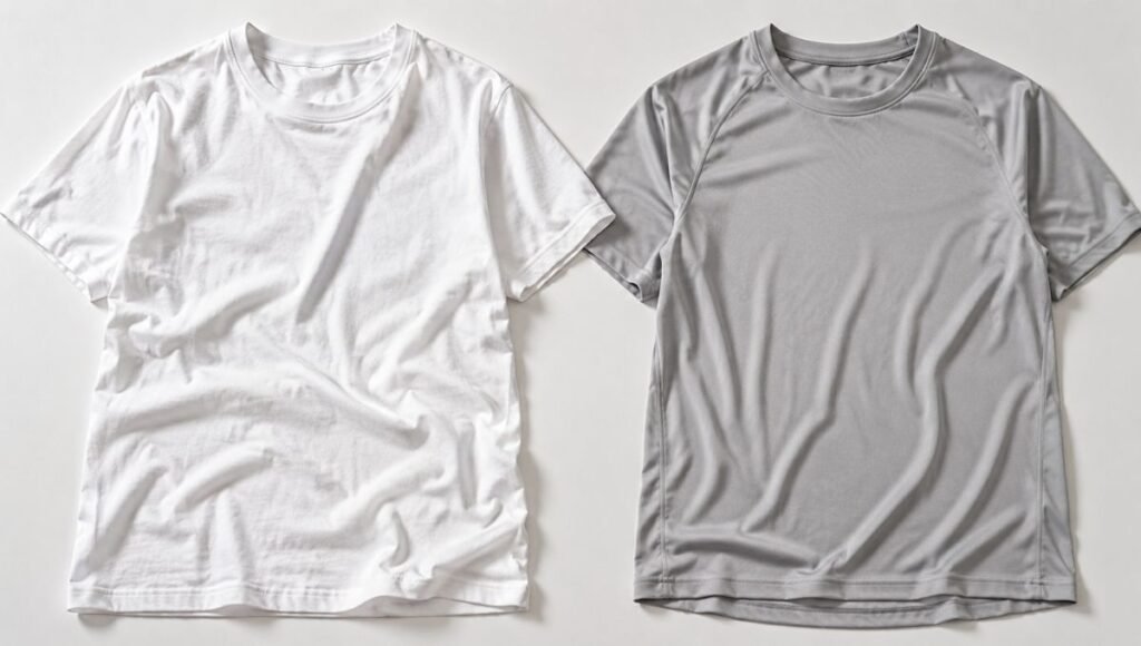 Flat lay comparison of a heavy saturated cotton running shirt next to a dry lightweight moisture wicking technical shirt