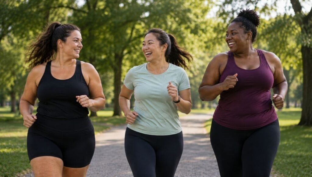 Group of women runners with diverse body types running together outdoors in well-fitted technical running clothes