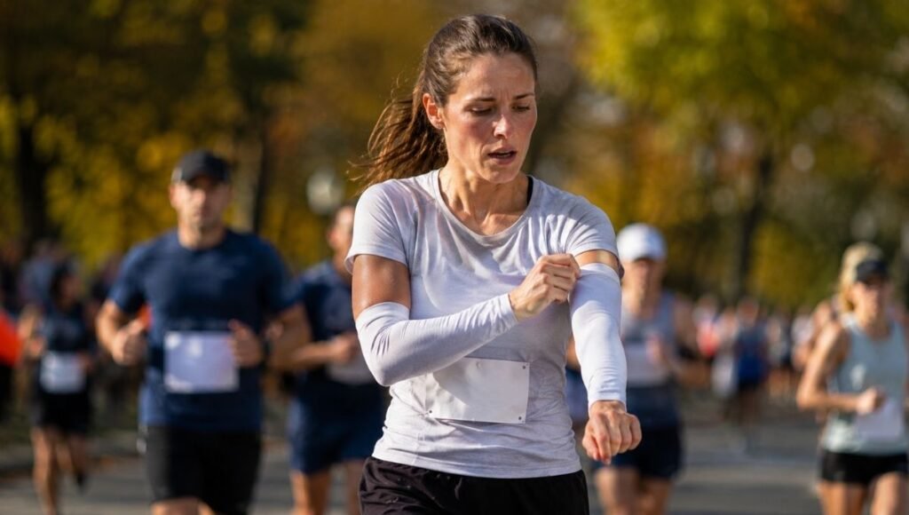 Female runner mid-race pushing down arm warmers on her forearms as she warms up during a half marathon