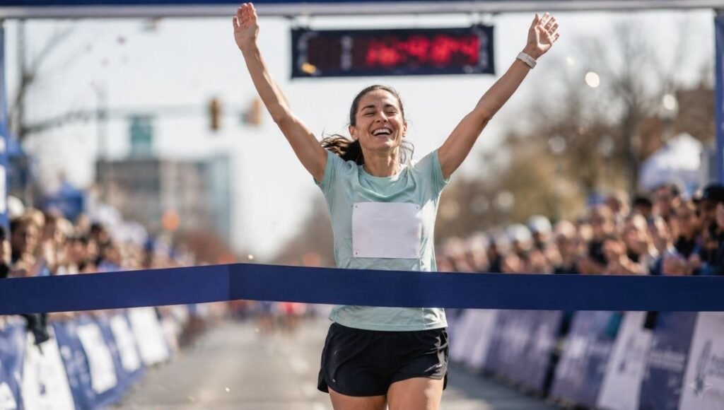 Woman with arms raised crossing the half marathon finish line with a look of joy and accomplishment