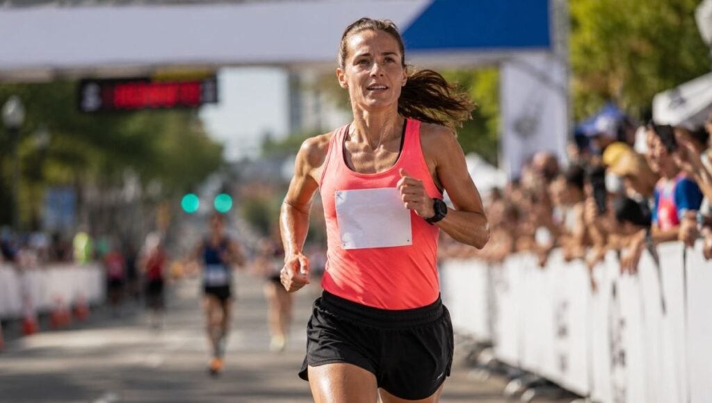 Woman crossing the finish line of a half marathon race wearing a tested running outfit with race bib