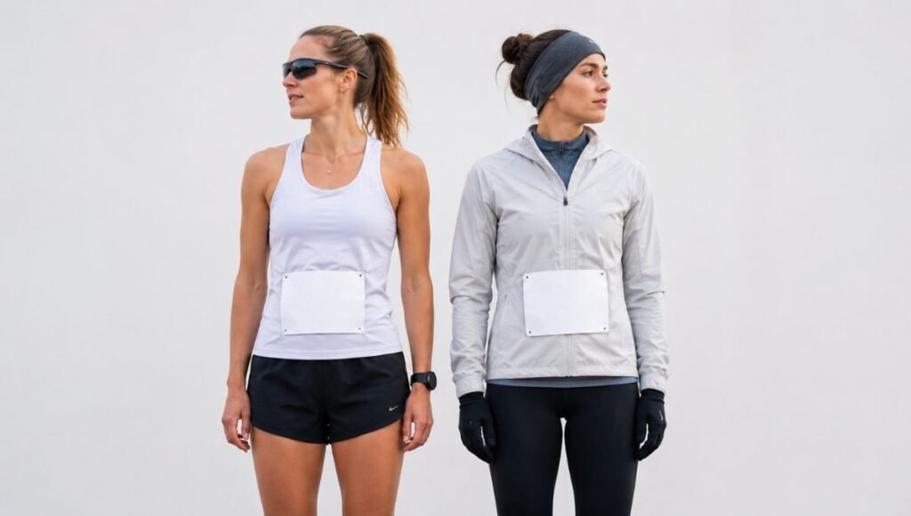 Side by side comparison of half marathon outfits for warm weather and cold weather conditions